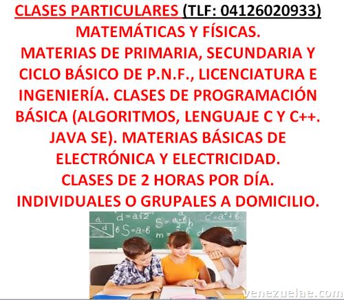 Clases Particulares De Primaria, Secundaria Y Ciclo Básico De P. N. F., Licenciatura E Ingeniería.