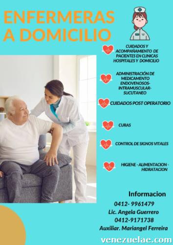 Enfermeras profesionales y auxiliares ofrecen sus servicios a domicilio, en clínicas y hospitales en el cuidado acompañamiento y atención de todo tipo pacientes